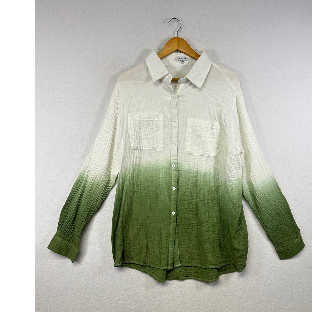 White Birch‎ Ombre Dip Dye Gauze Button Down Shirt Womens Size S Green White